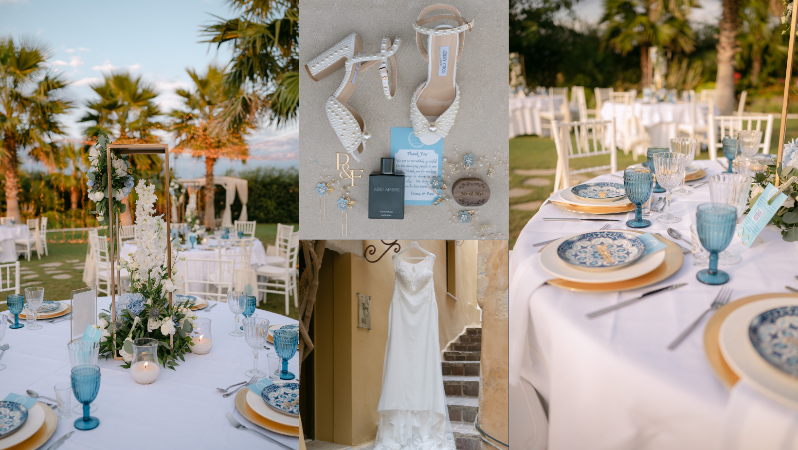 wedding details from Crete wedding, hanging wedding dress, dressed tables, floral displays
