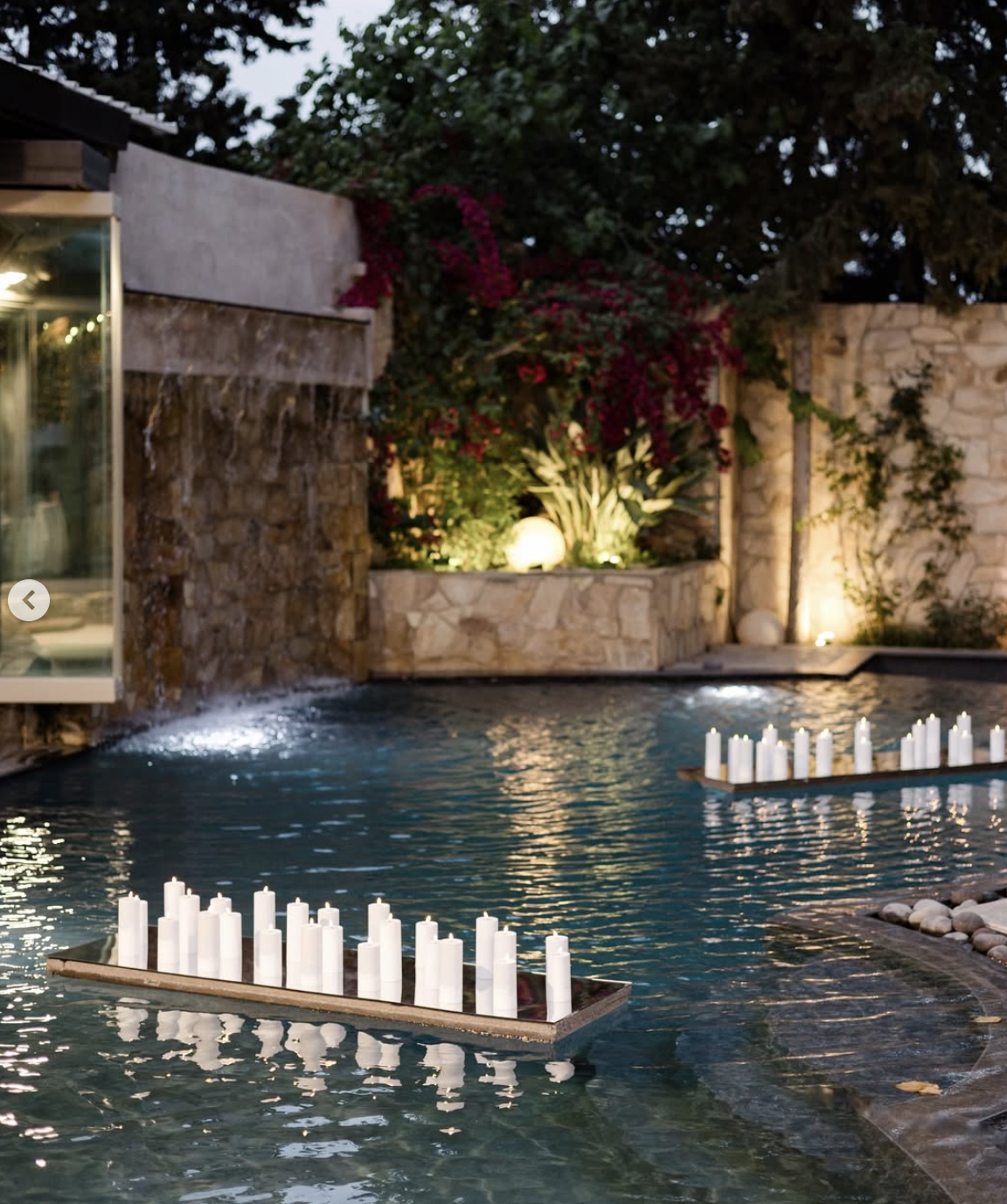 Floating candles and waterfall by night, Ktima Kleopatra