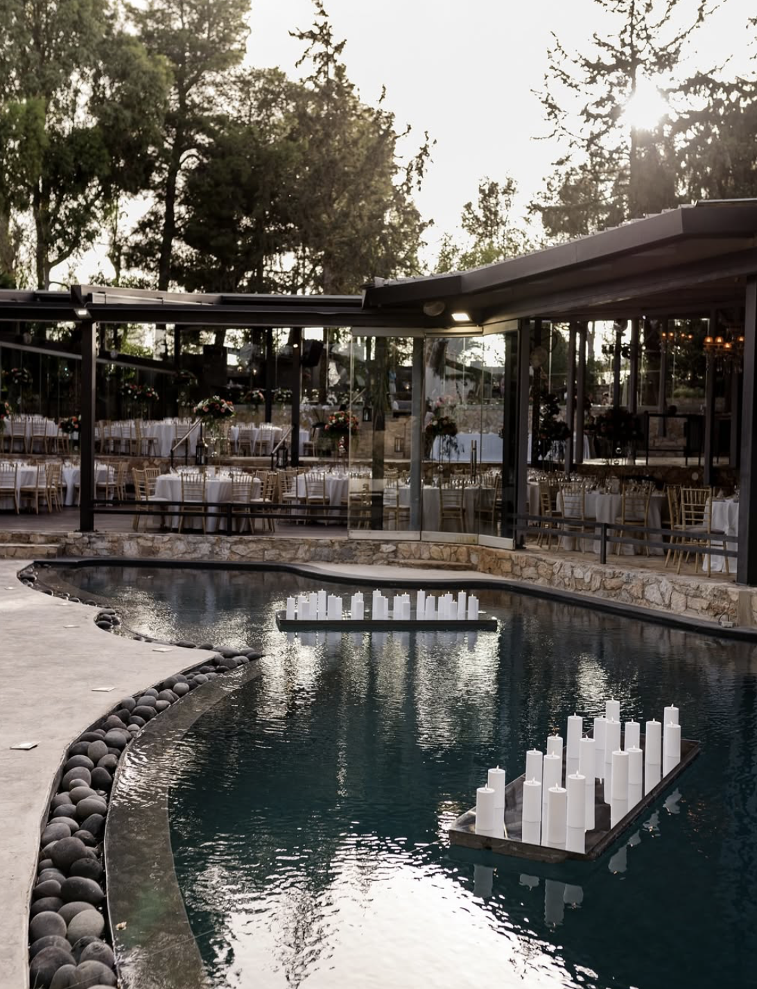 Candlelit pool beside the reception hall, Koropi
